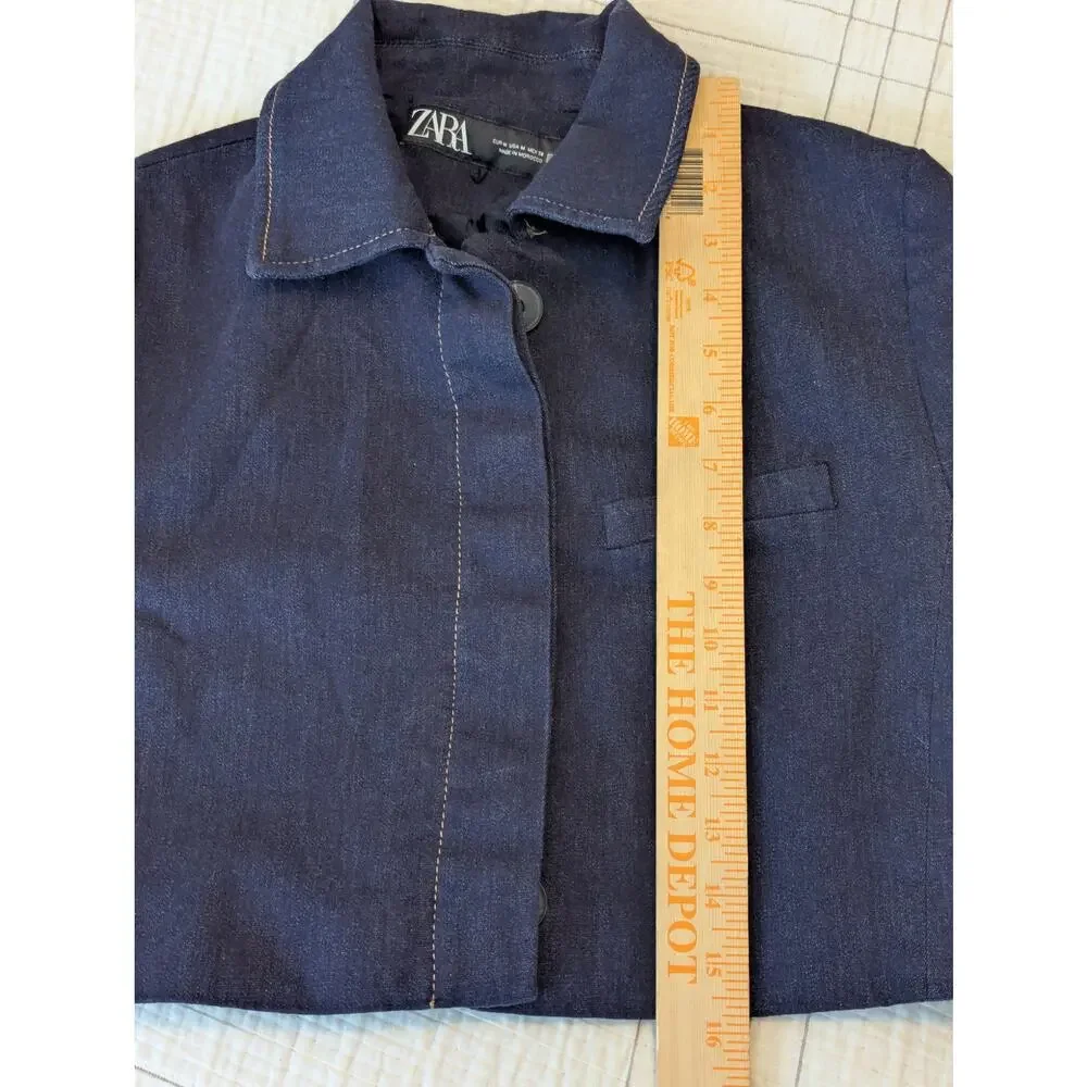 Zara Cropped Suit Jacket Coat Dark Blue Stretchy Denim Button Up Sz M
